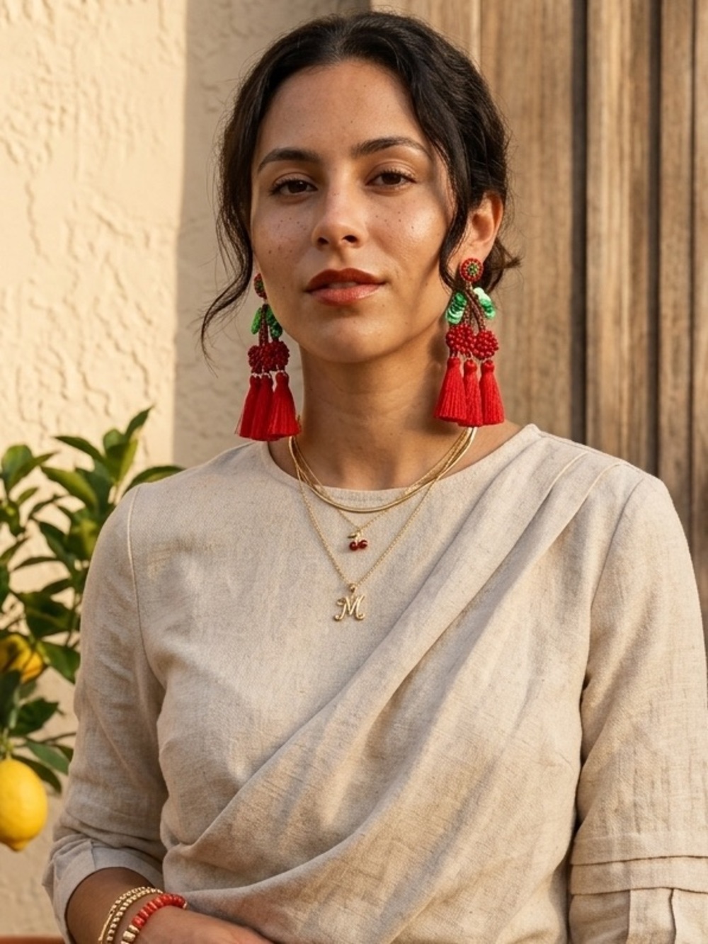 CHERRY BEADED TASSEL EARRINGS